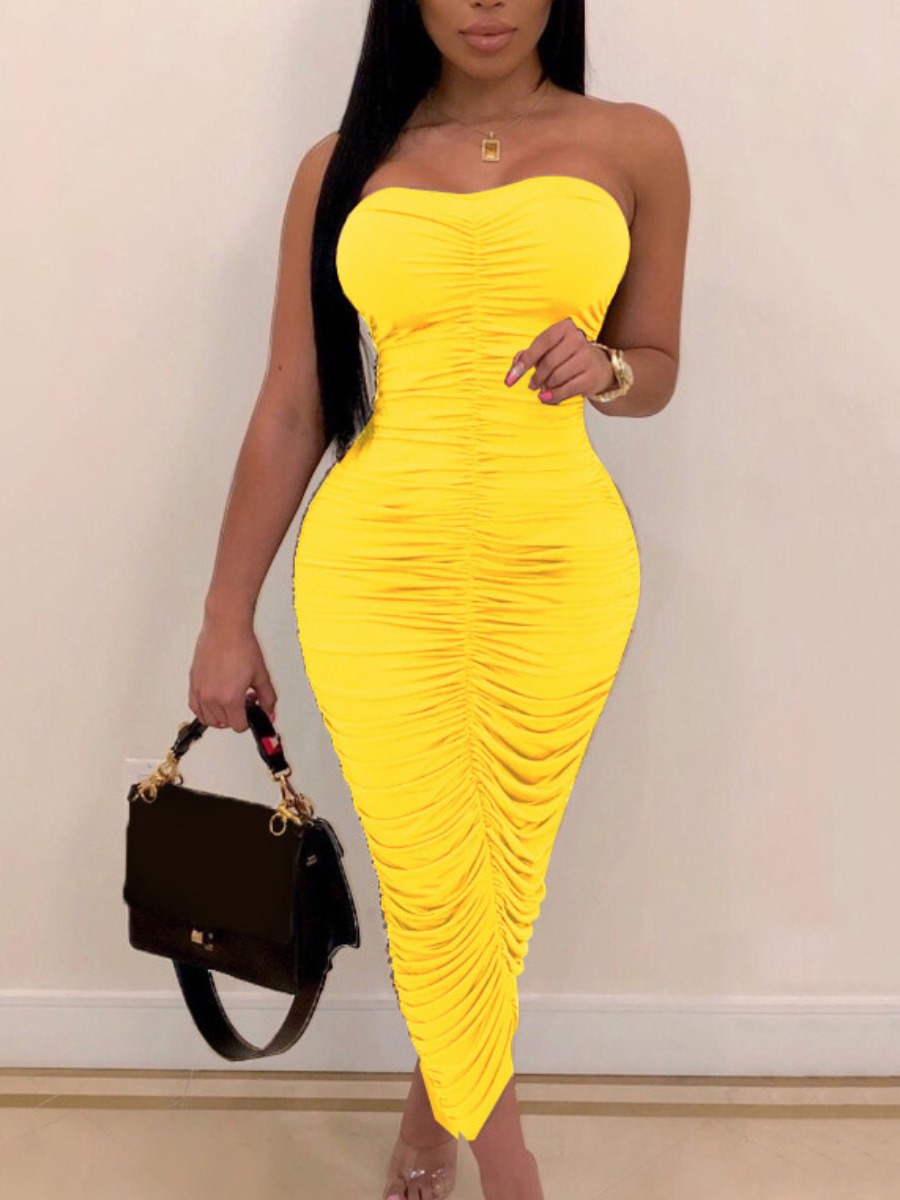 

LW SXY Off The Shoulder Ruched Yellow Ankle Length Dress