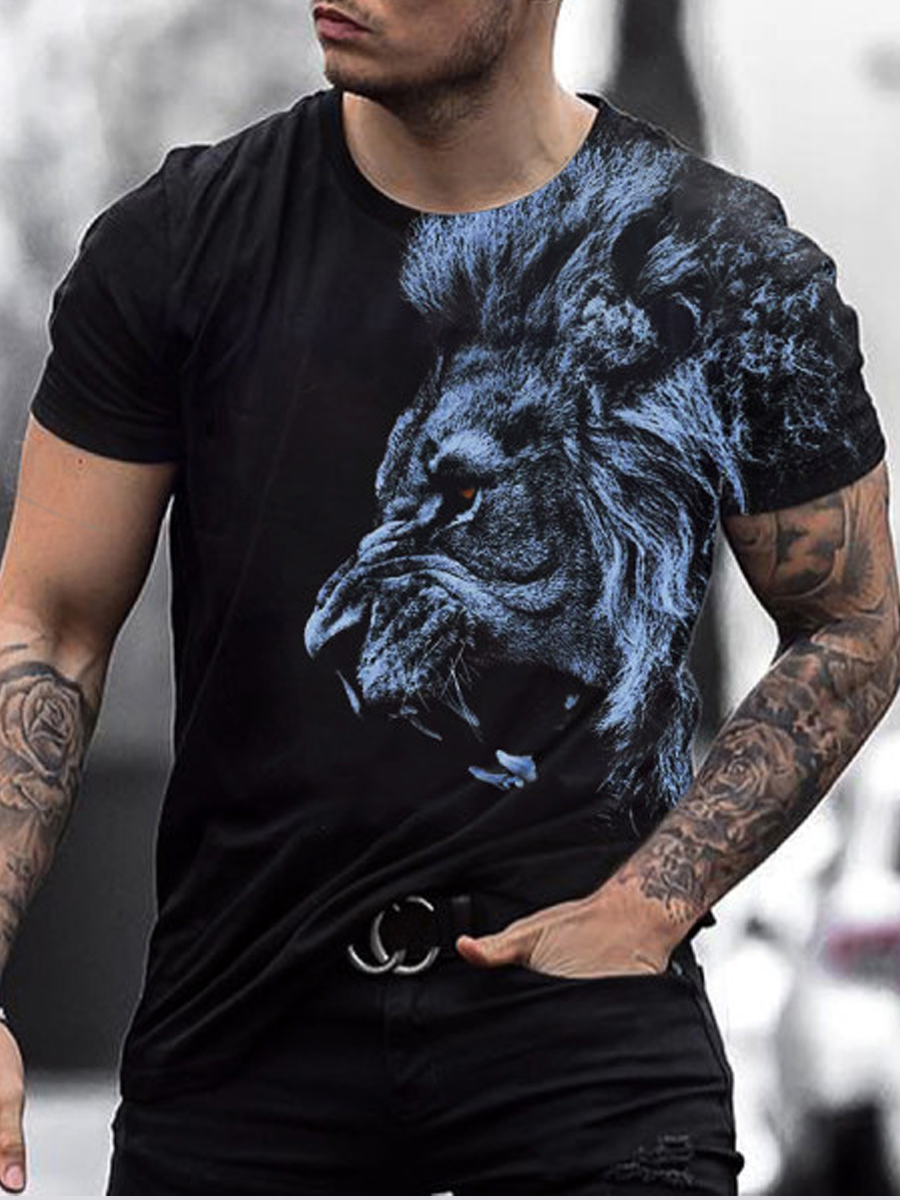 

LW Men Street O Neck Lion Print Black T-shirt