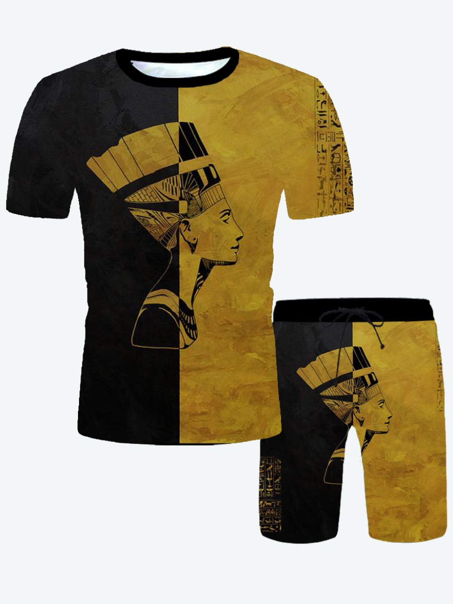 

Lovely Men Casual Graffiti Print Patchwork Yellow Two Piece Shorts Set