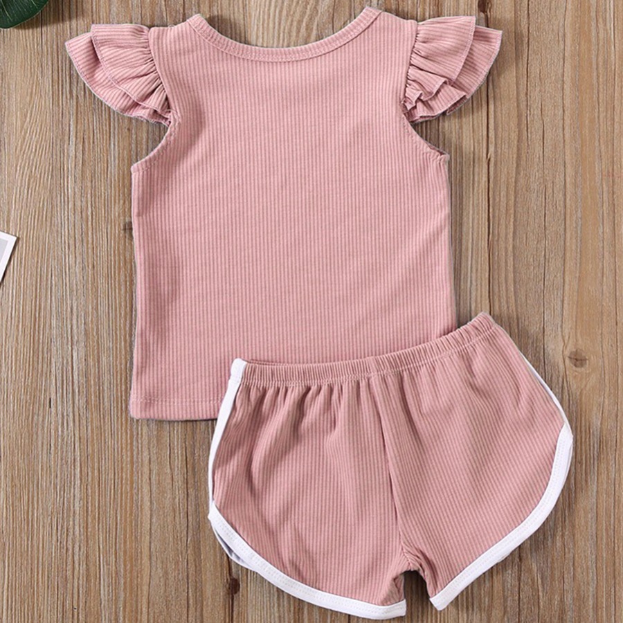 

Lovely Girl Sporty Flounce Design Drawstring Pink Two Piece Shorts Set