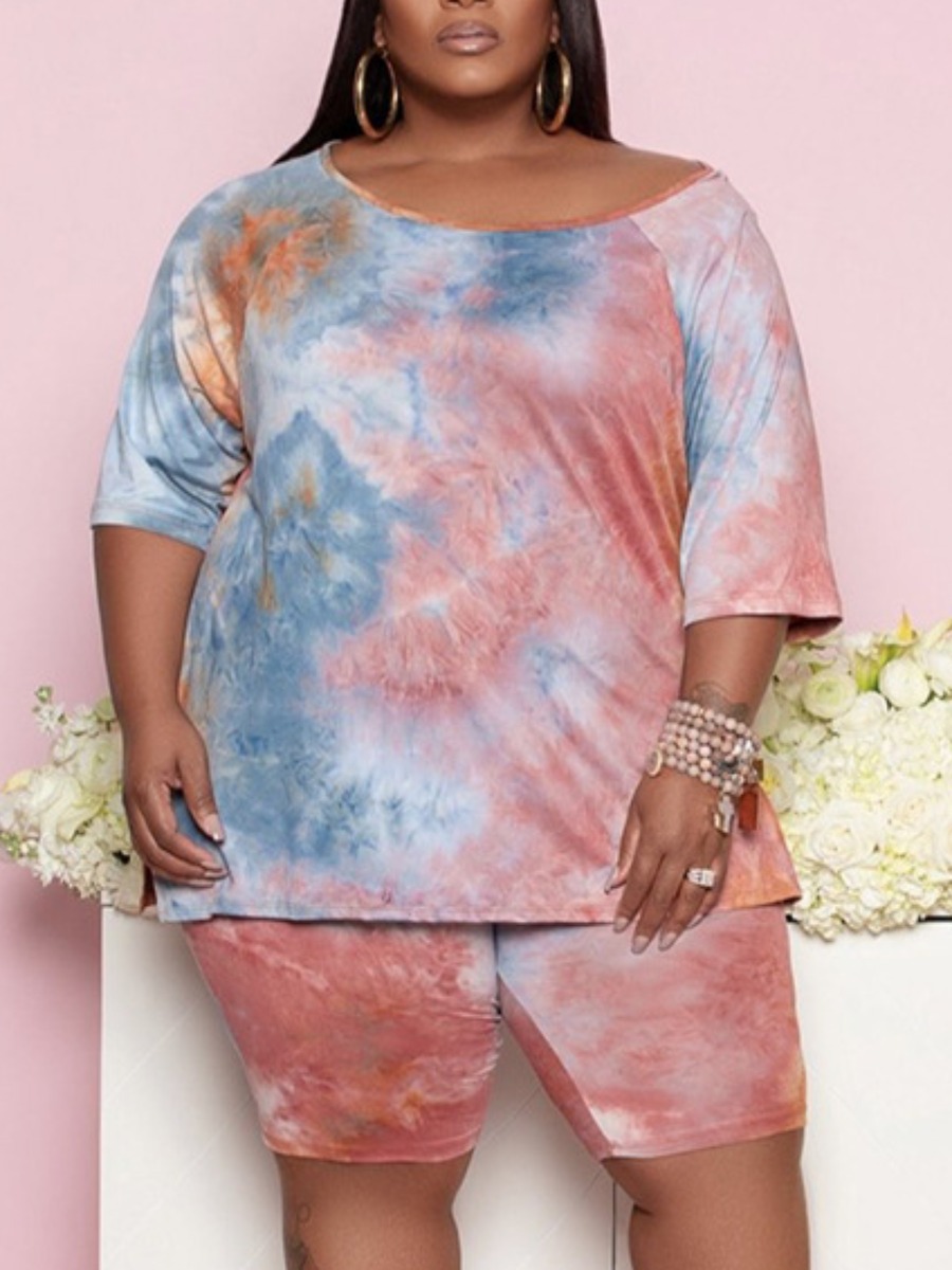 

Lovely Plus Size Street O Neck Tie-dye Baby Blue Two-piece Shorts Set