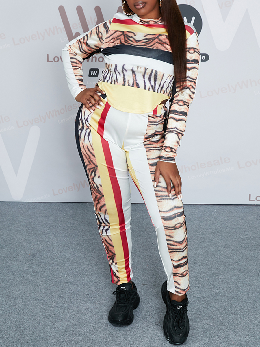 

Lovely Plus Size Street Leopard Print Striped Yellow Two-piece Pants Set