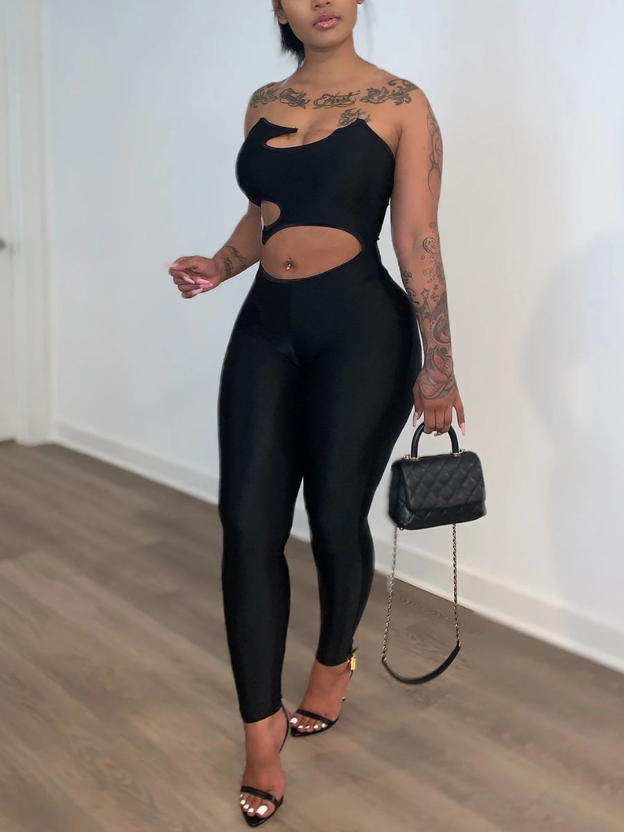 

Lovely Street Hollow-out Basic Skinny Black One-piece Jumpsuit