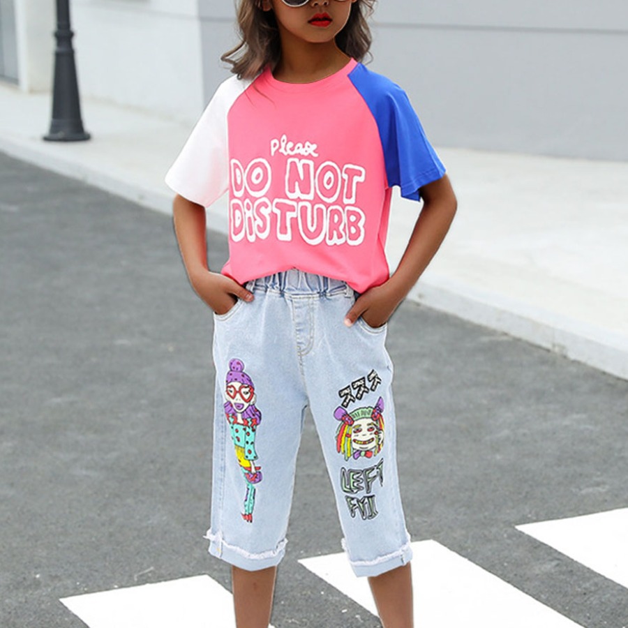 

Lovely Girl Street Cartoon Letter Print Pink Two Piece Pants Set