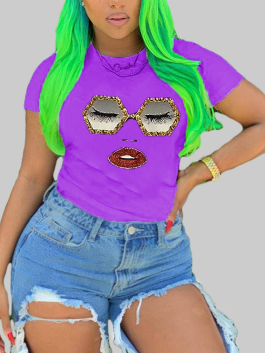 

Lovely Plus Size Casual O Neck Face Print Purple T-shirt