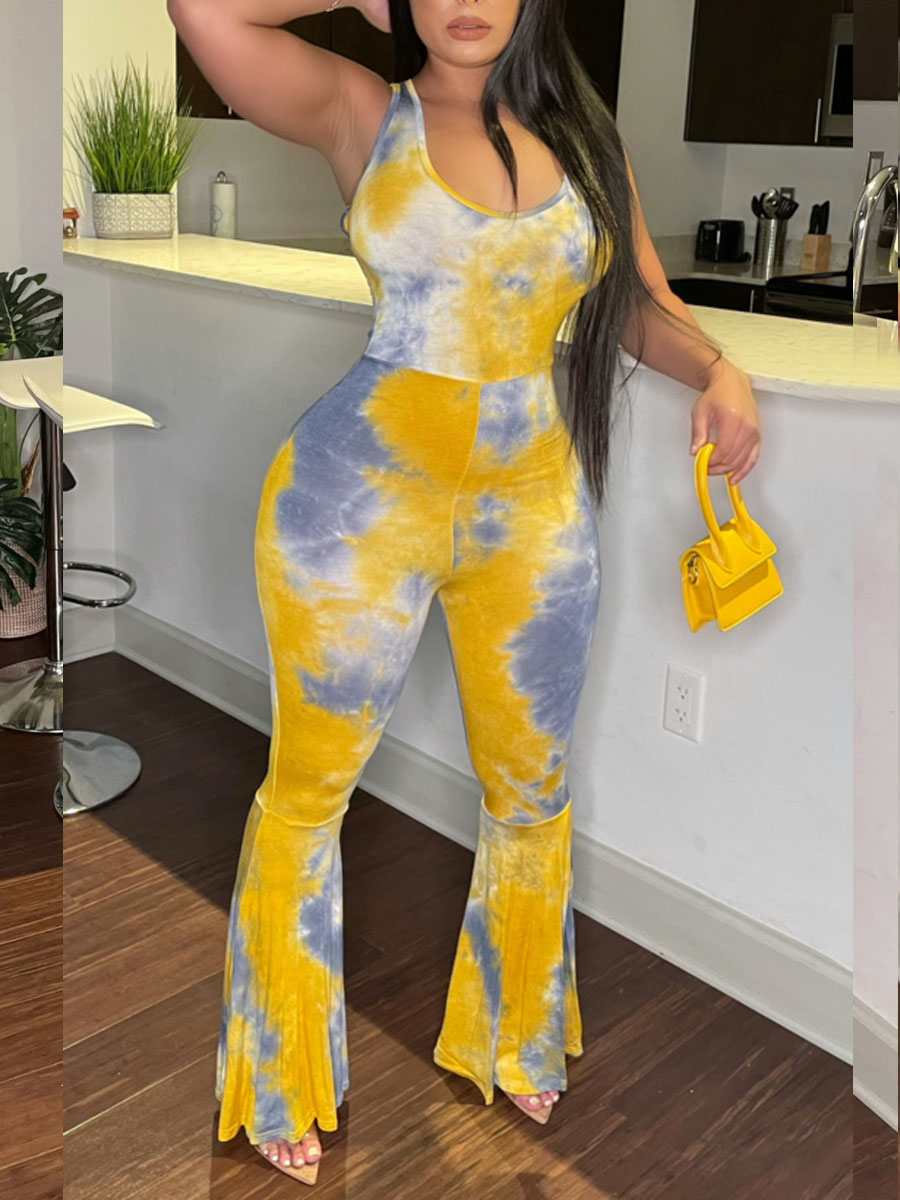 

Lovely Casual Backless Tie-dye Flared Golden Yellow One-piece Jumpsuit