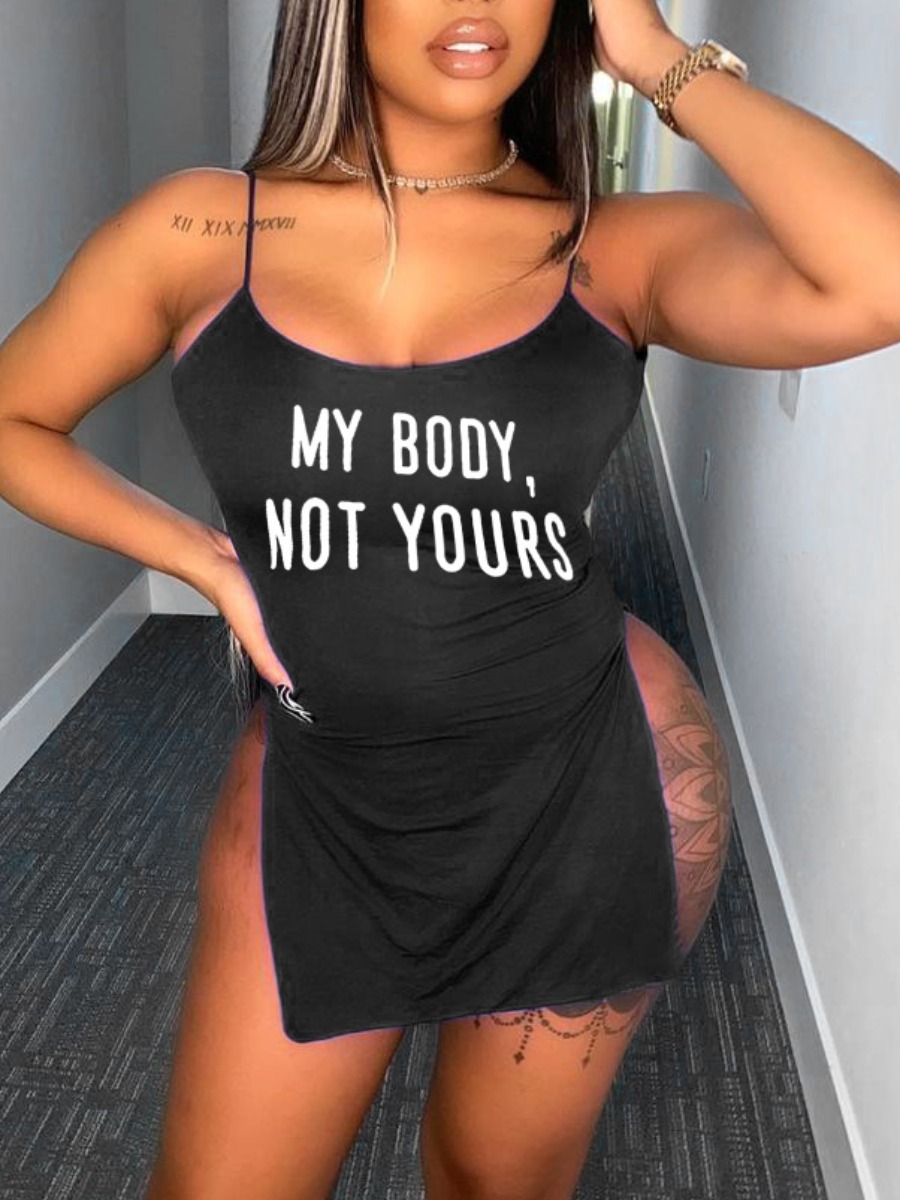 

Lovely Sexy Letter Print Split Black Mini Dress