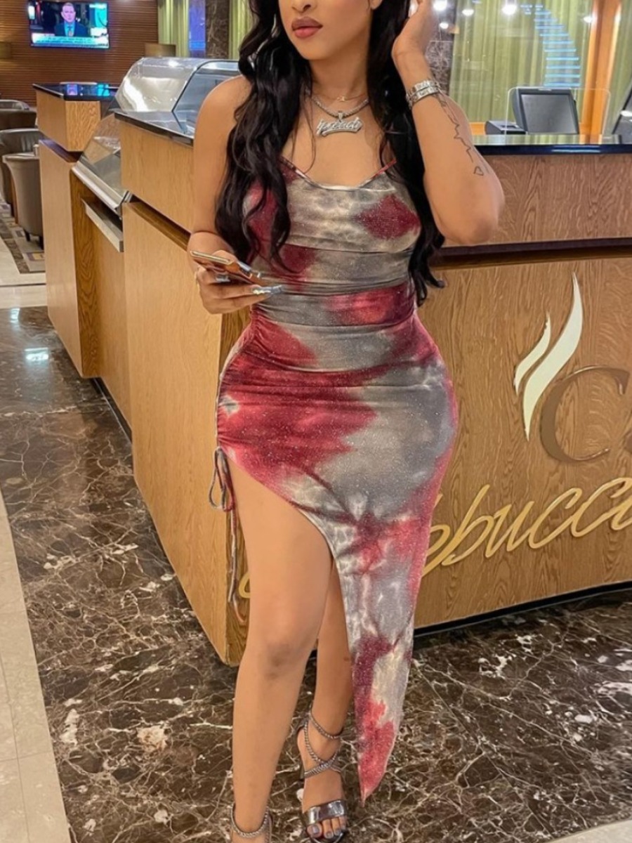 

Lovely Casual Tie-dye Drawstring Split Multicolor Ankle Length Dress, Multi