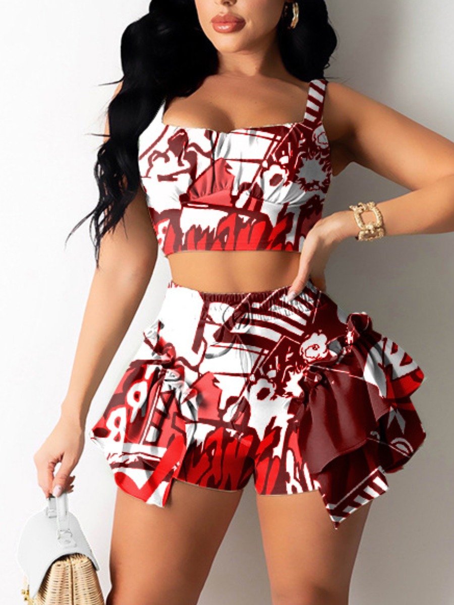 

Lovely Sweet Flounce Design Print Patchwork Red Two Piece Shorts Set