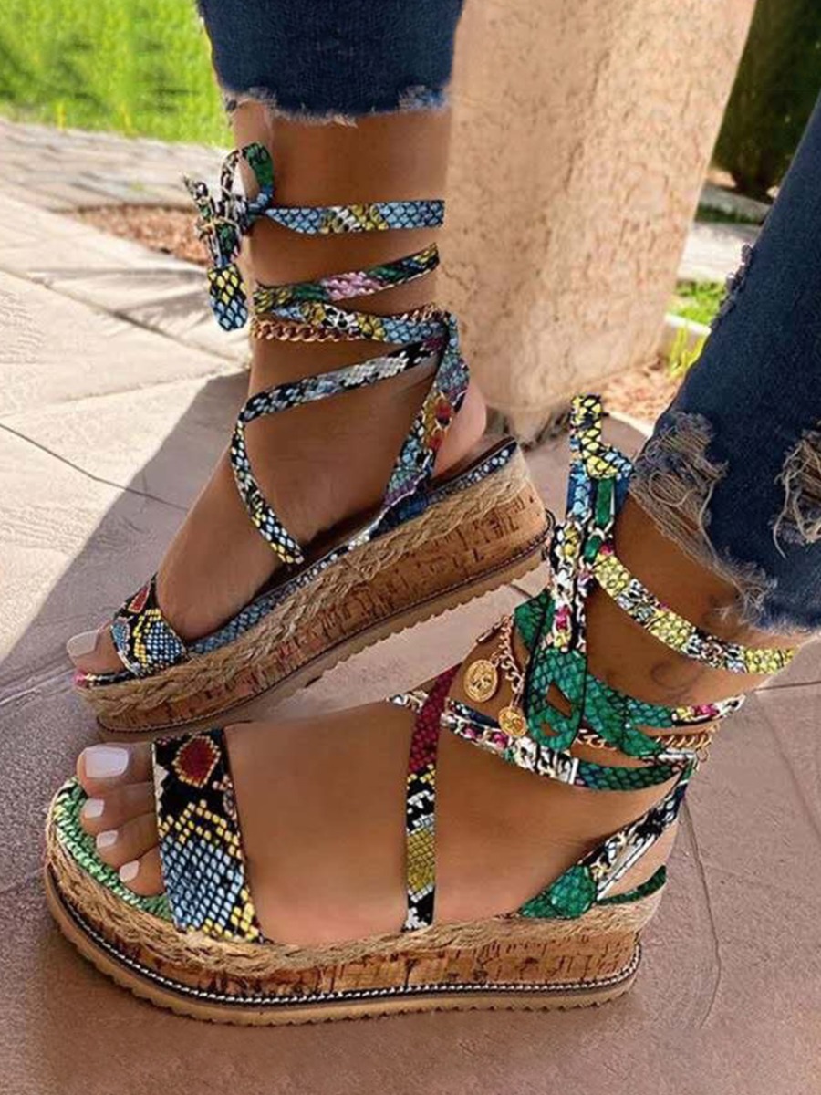 LW Cobra Print Wrap Up Platform Sandals