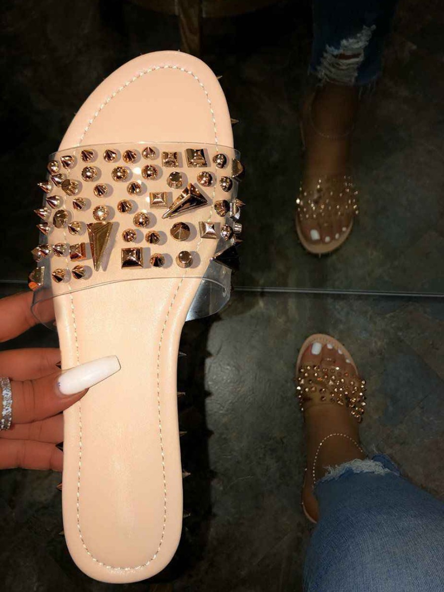 

Lovely Casual See-through Rivet Decoration Khaki Slippers