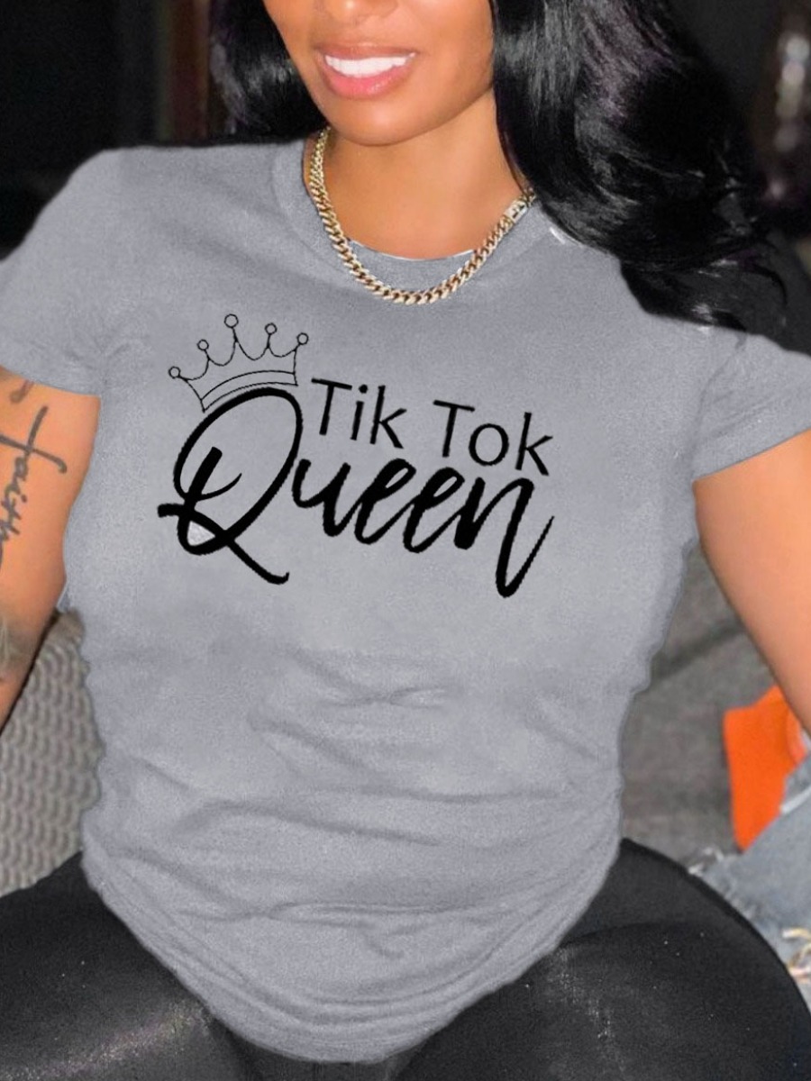 

Lovely Plus Size Casual Crown Letter Print Grey T-shirt