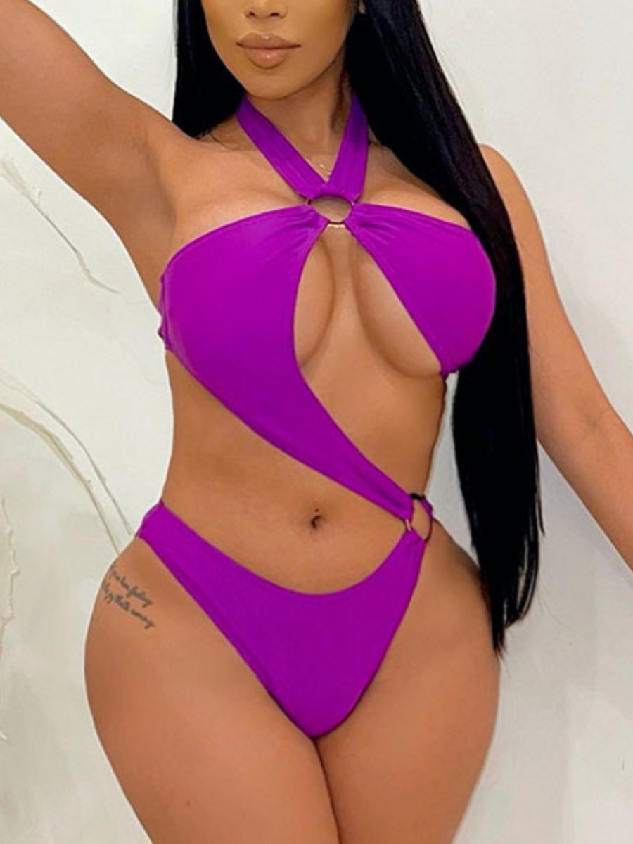 

Lovely Plus Size Boho Hollow-out Metal Ring Decor Purple One-piece Swimsuit