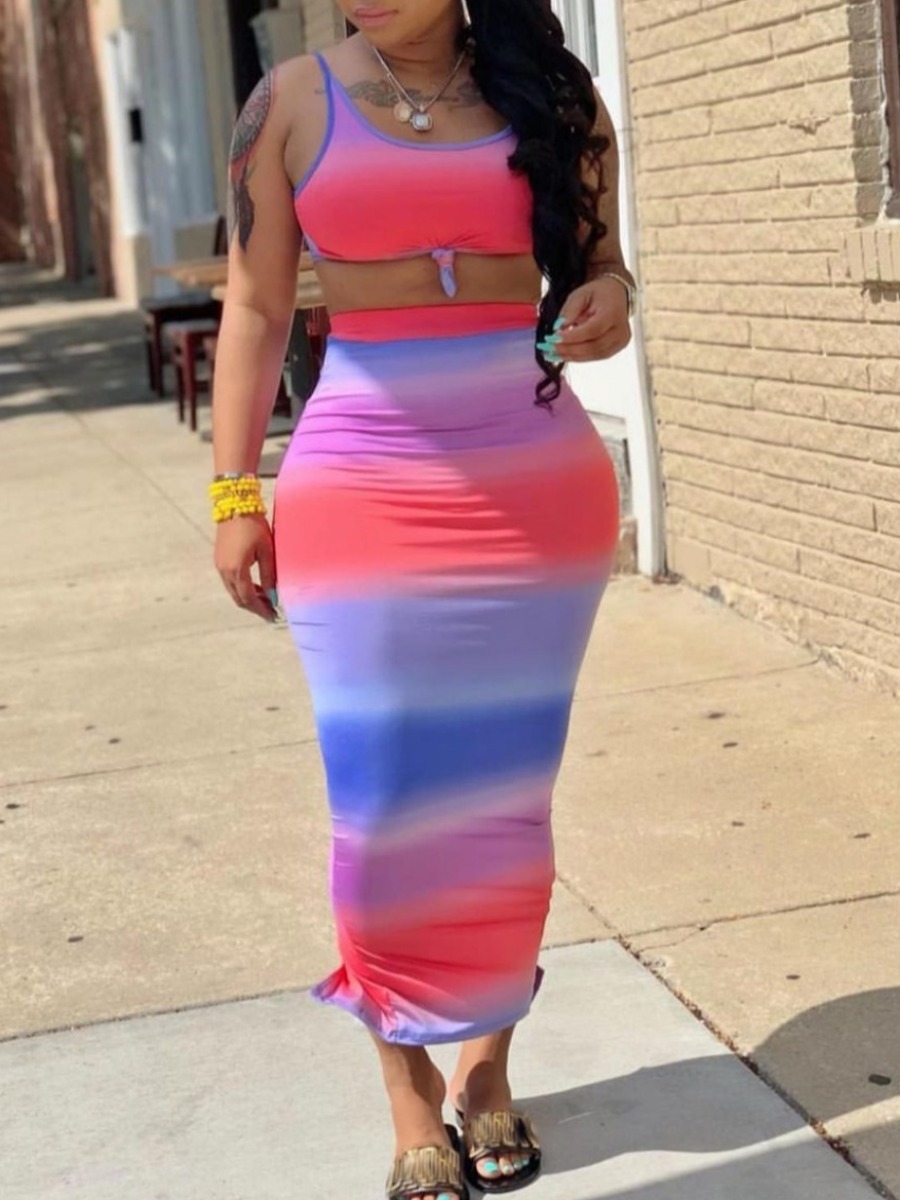 

LW BASICS Casual U Neck Gradient Multicolor Two Piece Skirt Set, Multicolor stripe