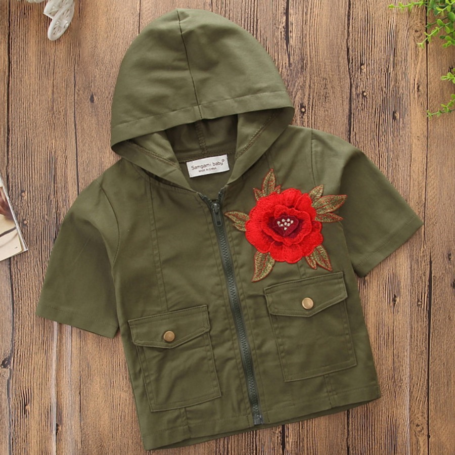 

Lovely Girl Casual Hooded Collar Floral Decoration Army Green Coat