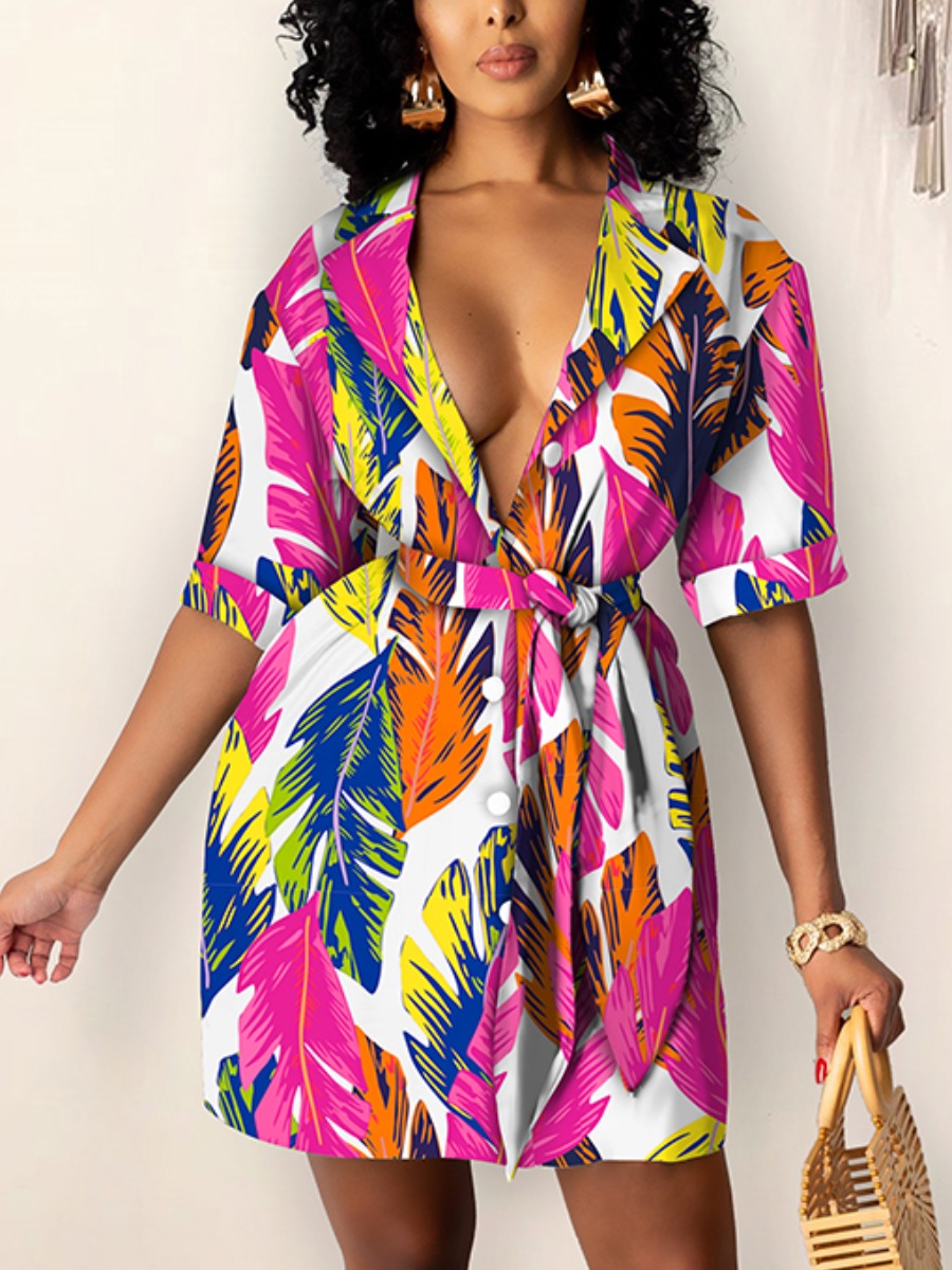 

Lovely Boho Floral Print Bandage Design Rose Red Mini Dress