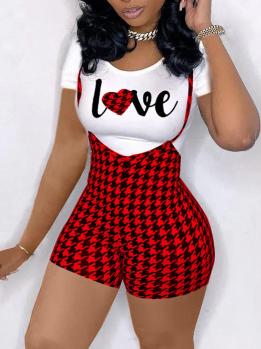 

LW Plus Size Street Letter Print Suspender Red Two-piece Shorts Set