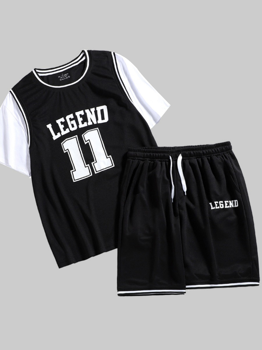 

Lovely Men Sporty Letter Print Drawstring Black Two Piece Shorts Set