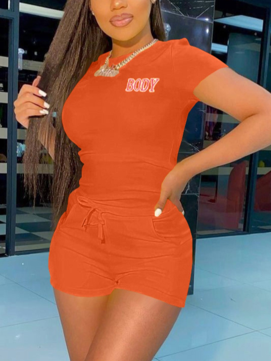 

Lovely Sporty Letter Print Drawstring Orange Two Piece Shorts Set