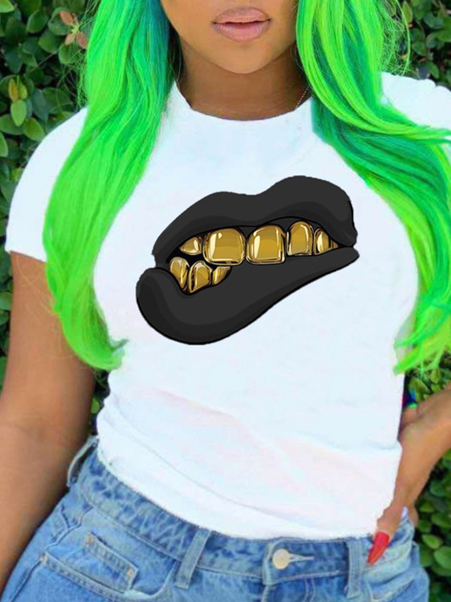 

Lovely Plus Size Street O Neck Lip Print White T-shirt