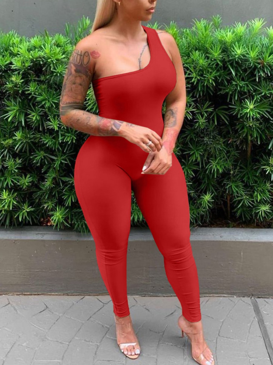 

Lovely Plus Size Casual One Shoulder Elastic Red One-piece Jumpsuit