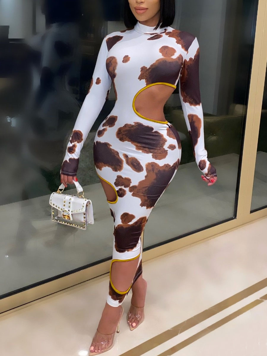

Lovely Sexy Half A Turtleneck Cow Print Hollow-out Ankle Length Dress, Cow grain