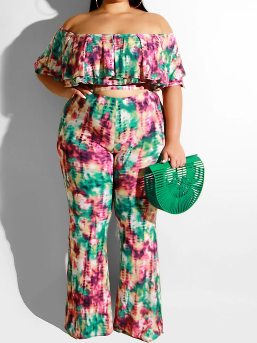 

Lovely Plus Size Boho Off The Shoulder Tie-dye Green Two-piece Pants Set
