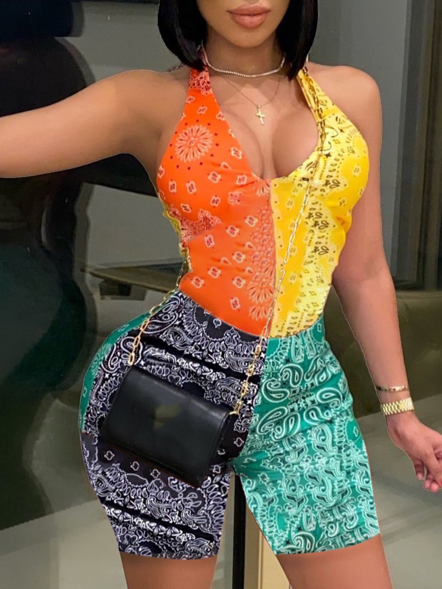 

Lovely Street Cashew Print Patchwork Orange One-piece Romper