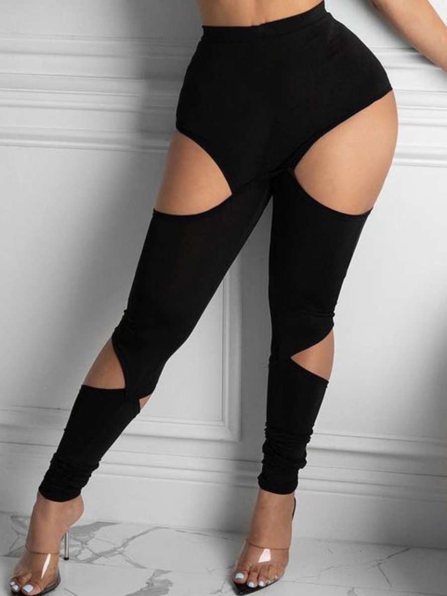 

Lovely Sexy Mid Waist Hollow-out Black Pants