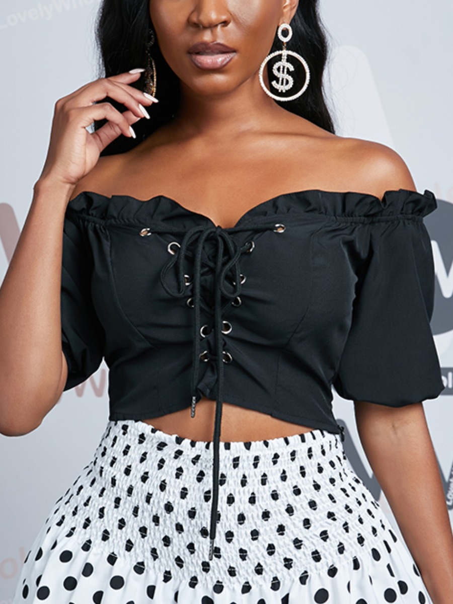 

Lovely Sweet Off The Shoulder Bandage Ruffle Design Black Blouse