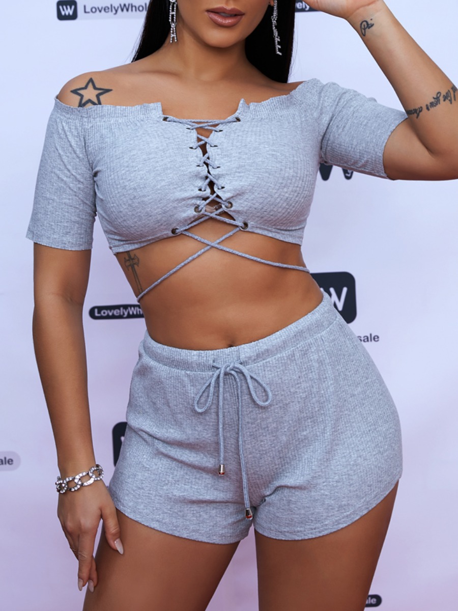 

Lovely Casual Off The Shoulder Bandage Design Grey Two Piece Shorts Set