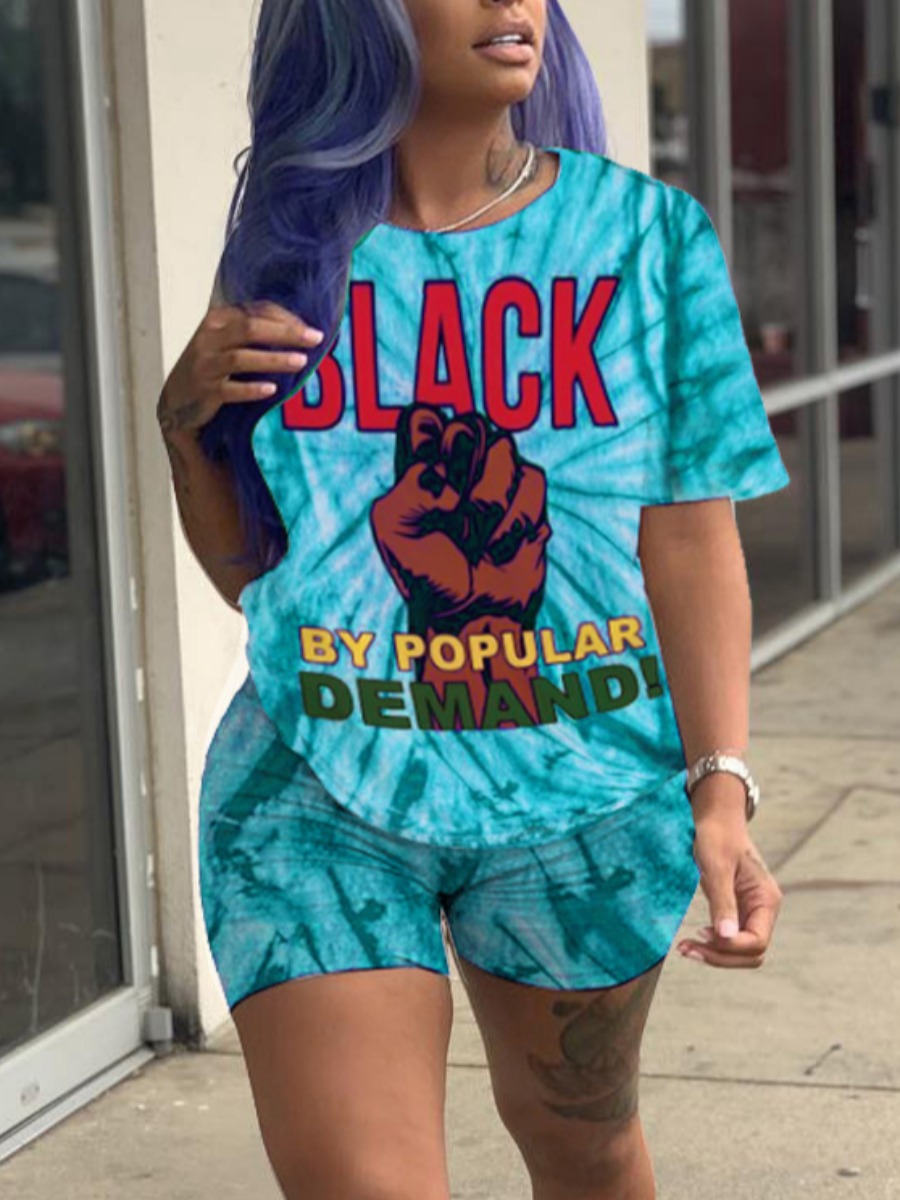 

Lovely Street Tie Dye Letter Print Blue Two Piece Shorts Set