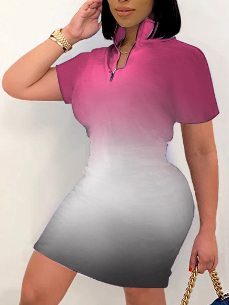 

Lovely Casual Turndown Collar Gradient Mini Dress