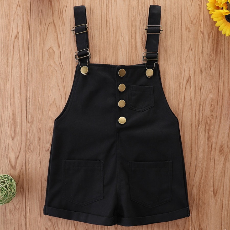

Lovely Girl Casual Button Design Suspender Black One-piece Romper