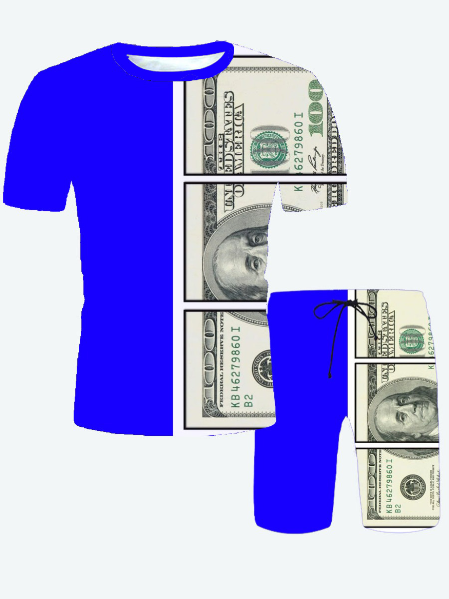 

Lovely Men Street Money Print Patchwork Blue Two Piece Shorts Set