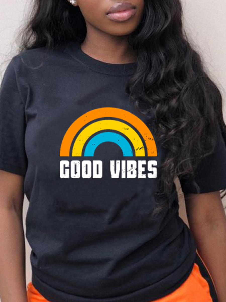 

Lovely Street Stripe Letter Print Black T-shirt