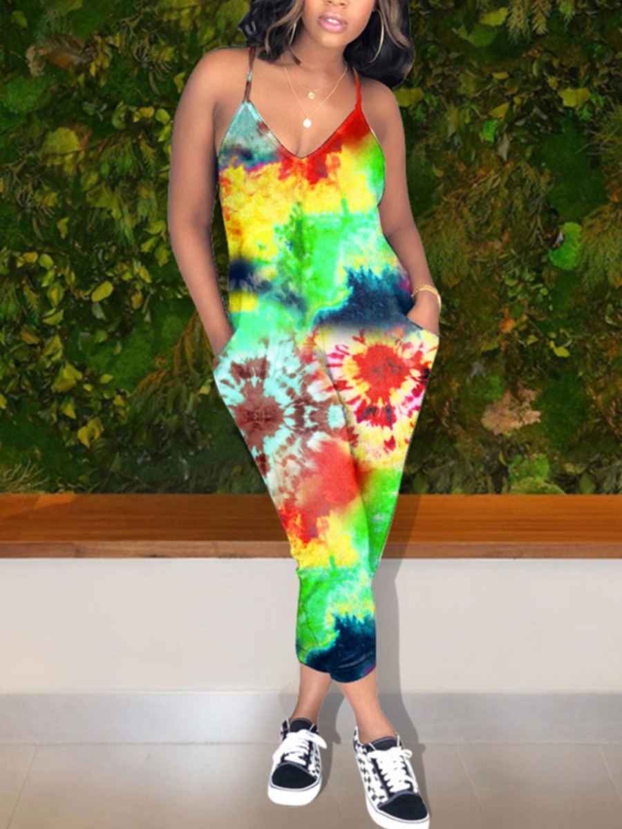 

Lovely Street V Neck Tie-dye Green One-piece Jumpsuit