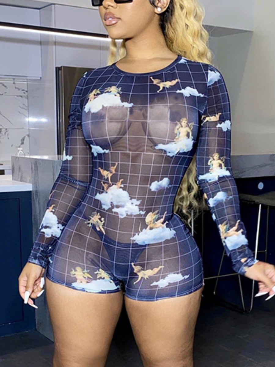 

Lovely Sexy Plaid Print See-through Blue One-piece Romper