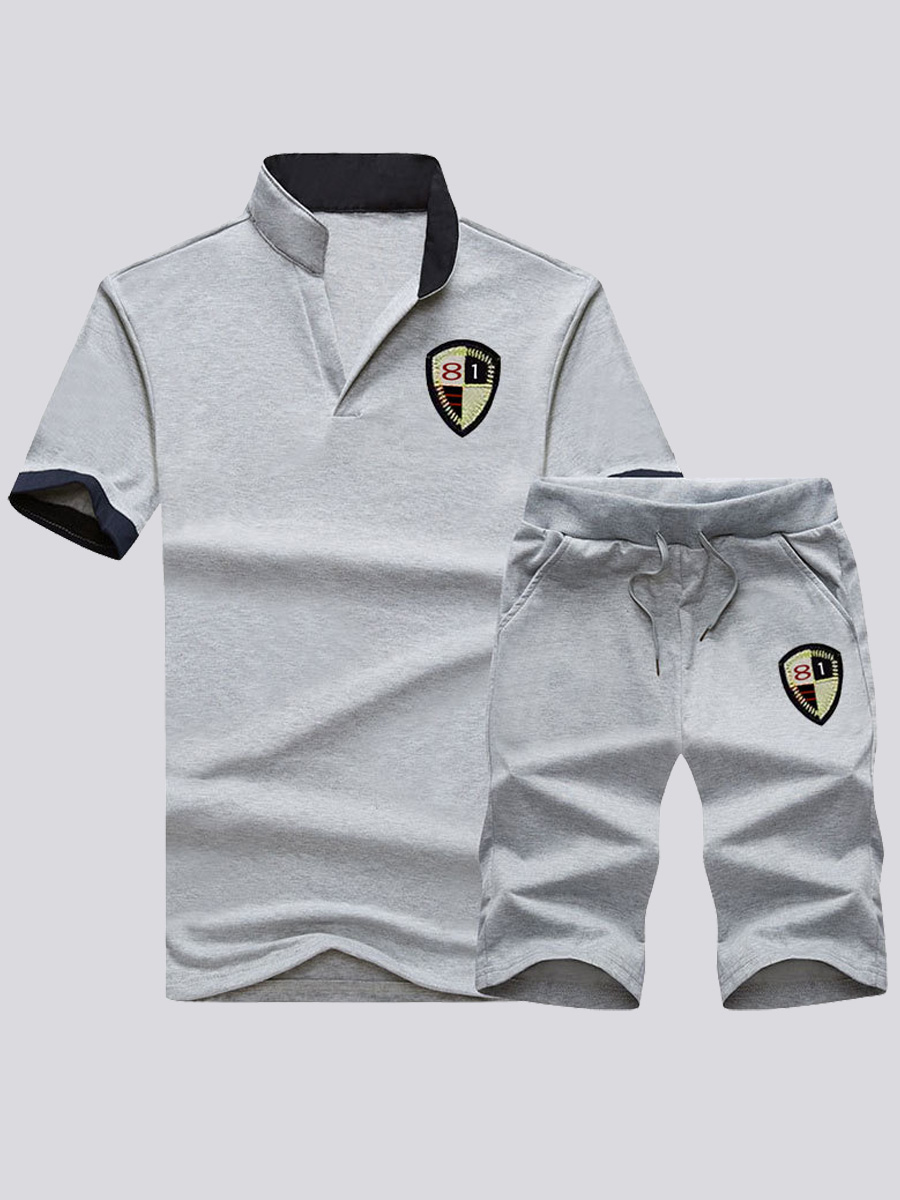 

Lovely Men Casual Mandarin Collar Letter Print Grey Two Piece Shorts Set
