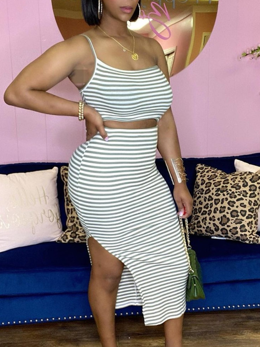 

Lovely Casual Striped Split Grey Two Piece Skirt Set