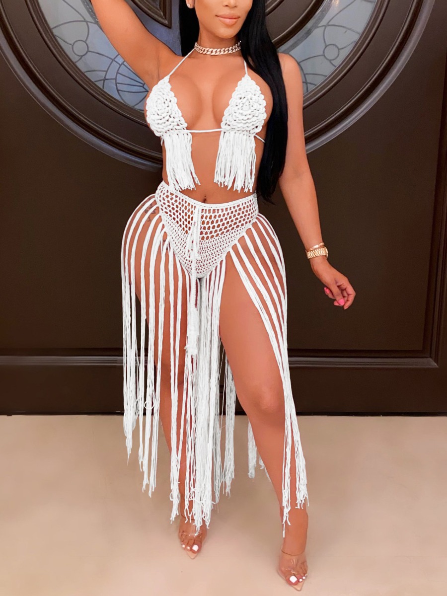 

LW Boho Hollow-out Tassel Design White Two-piece Swimsuit