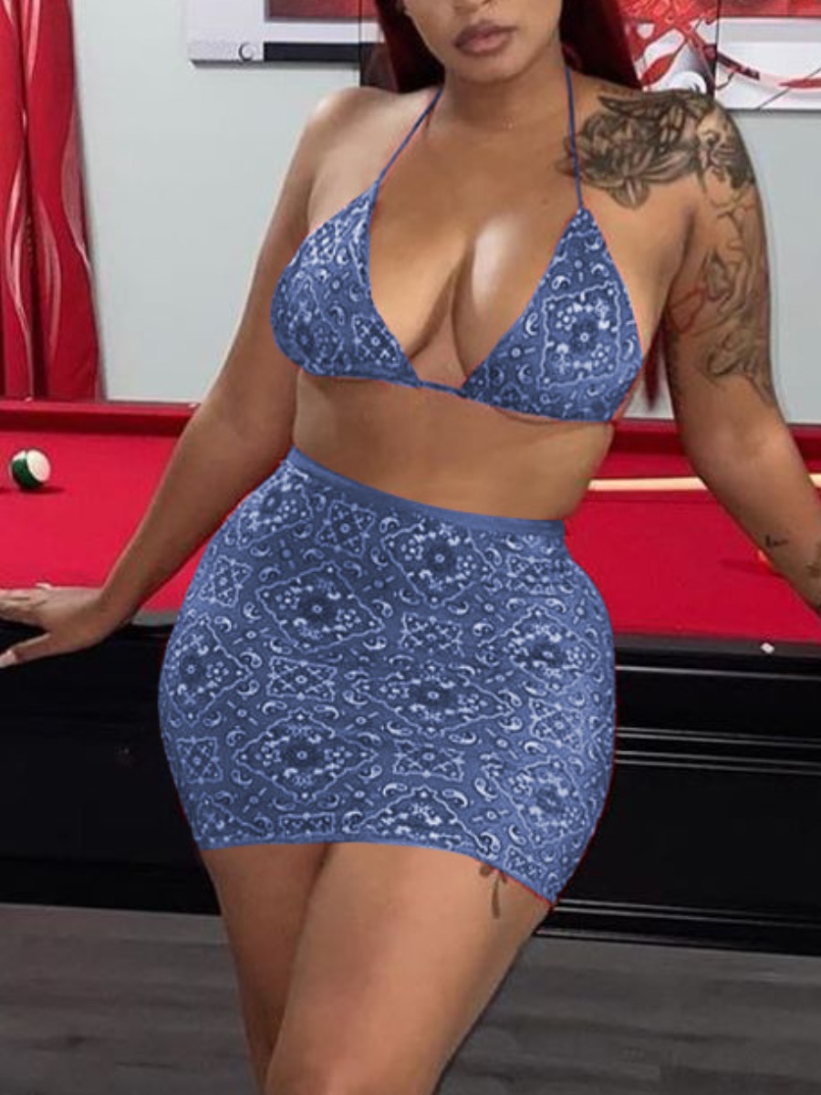 

Lovely Boho Cashew Print Bandage Design Blue Two-piece Swimsuit