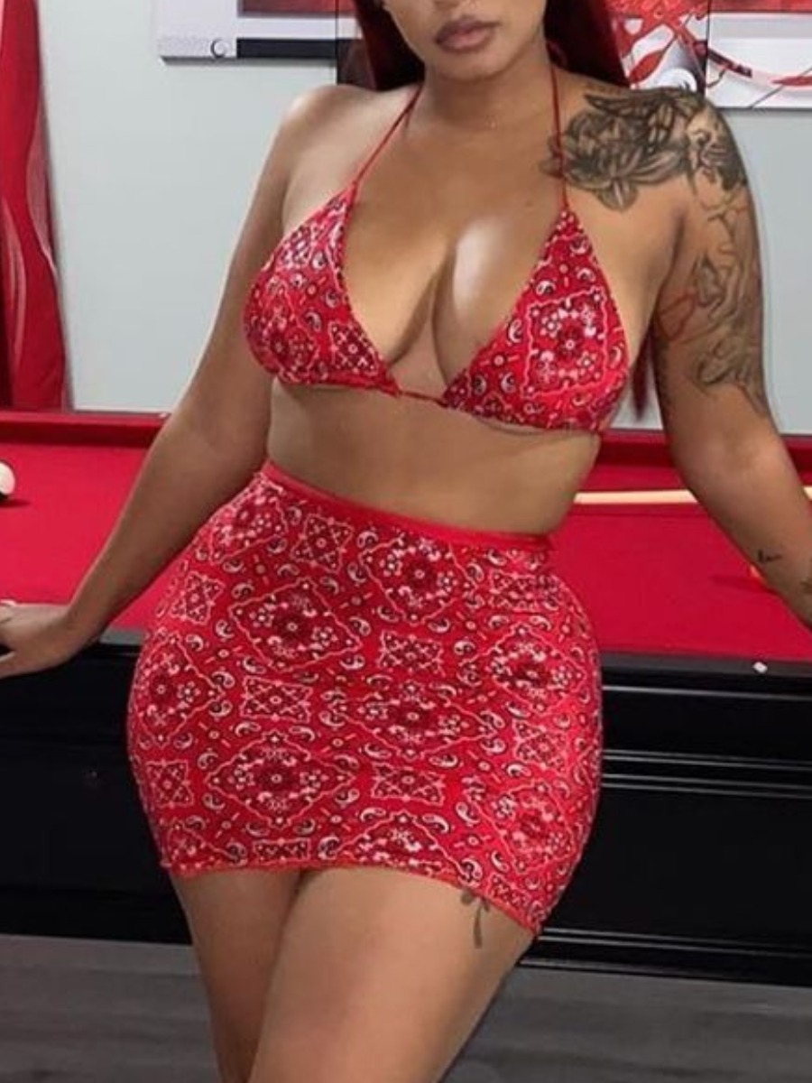 

Lovely Boho Cashew Print Bandage Design Red Two-piece Swimsuit