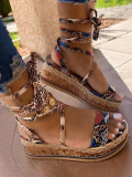LW Casual Cobra Print Wrap Up Khaki Platform Sandals