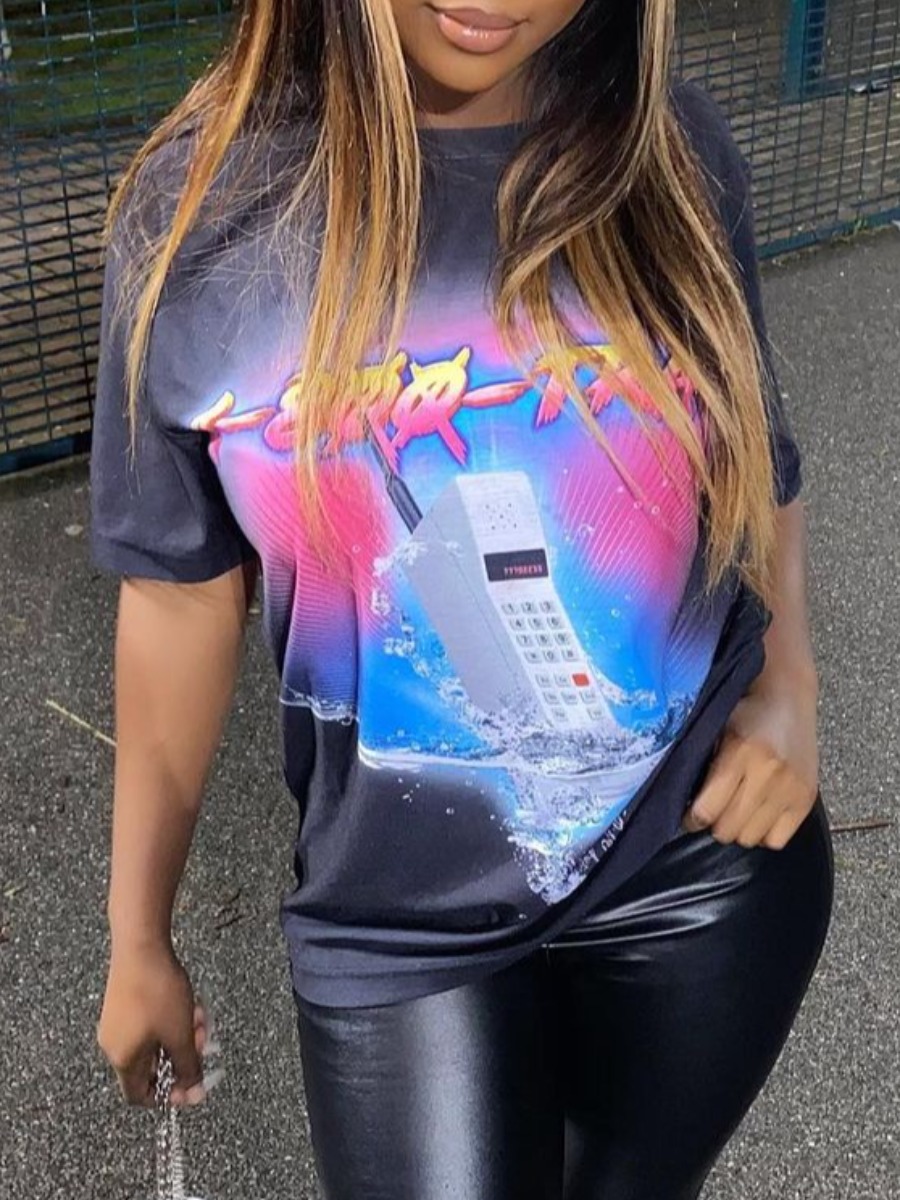 

Lovely Casual Gradient Cartoon Print Black T-shirt