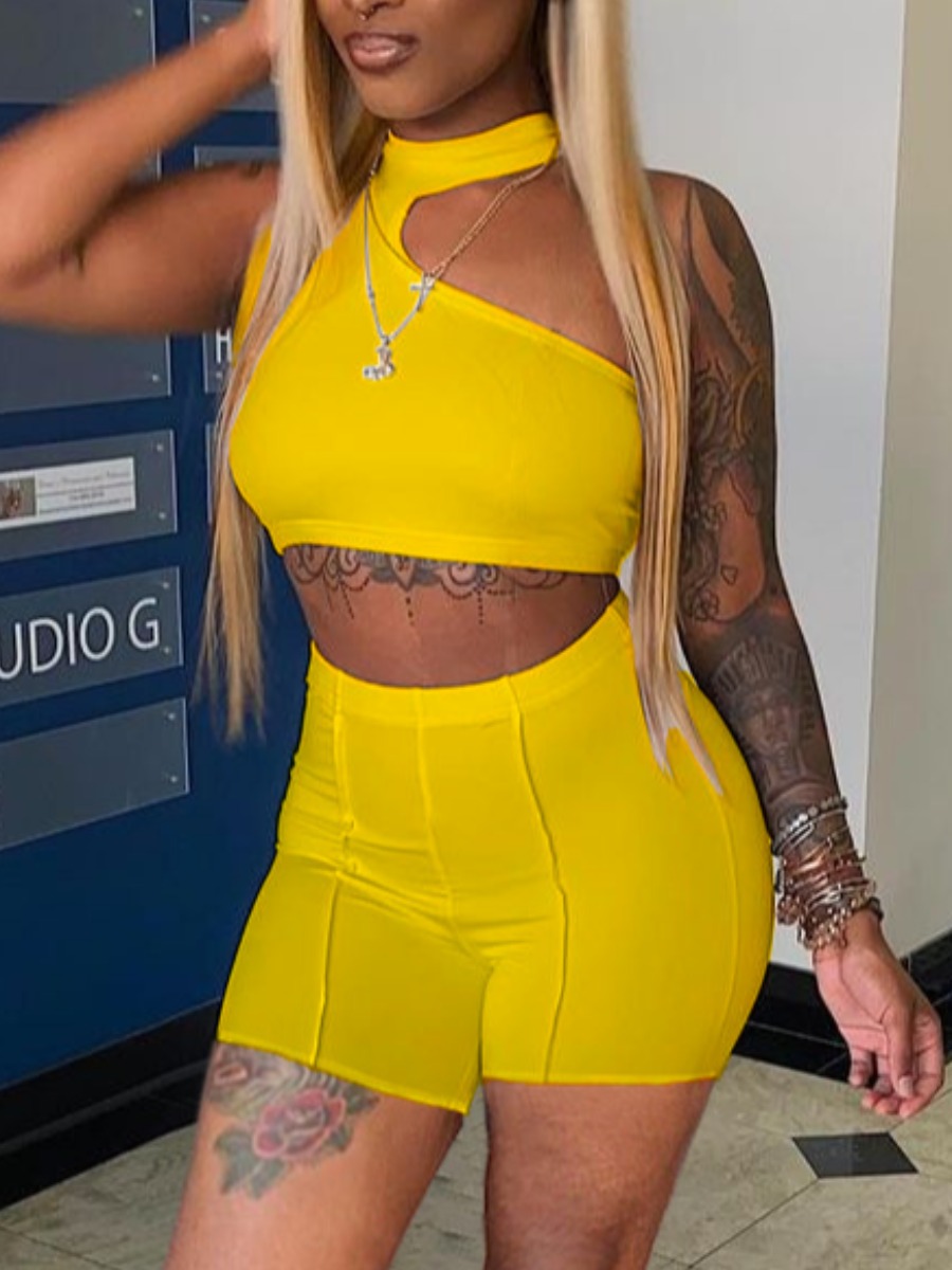 

Lovely Casual One Shoulder Crop Top Yellow Two Piece Shorts Set