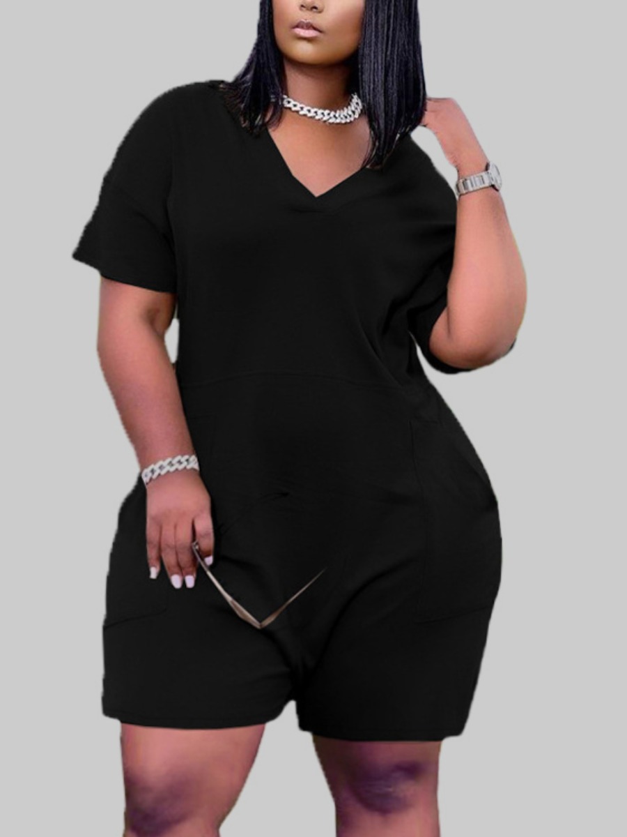 

Lovely Plus Size Casual V Neck Pocket Design Black One-piece Romper