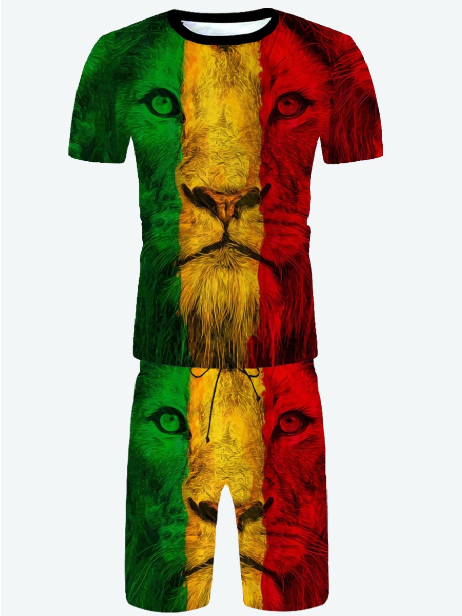 

Lovely Men Street Animal Print Drawstring Multicolor Two Piece Shorts Set, Multi