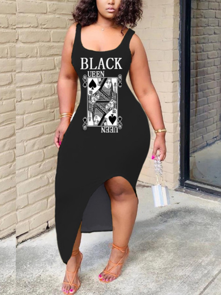 

Lovely Plus Size Street Poker Letter Print Split Black Ankle Length Dress