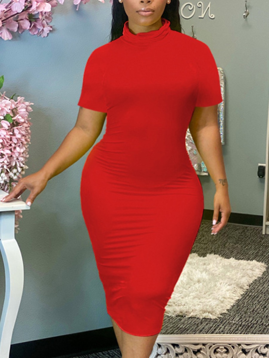 

Lovely Plus Size Casual Turtleneck Plain Red Knee Length Dress